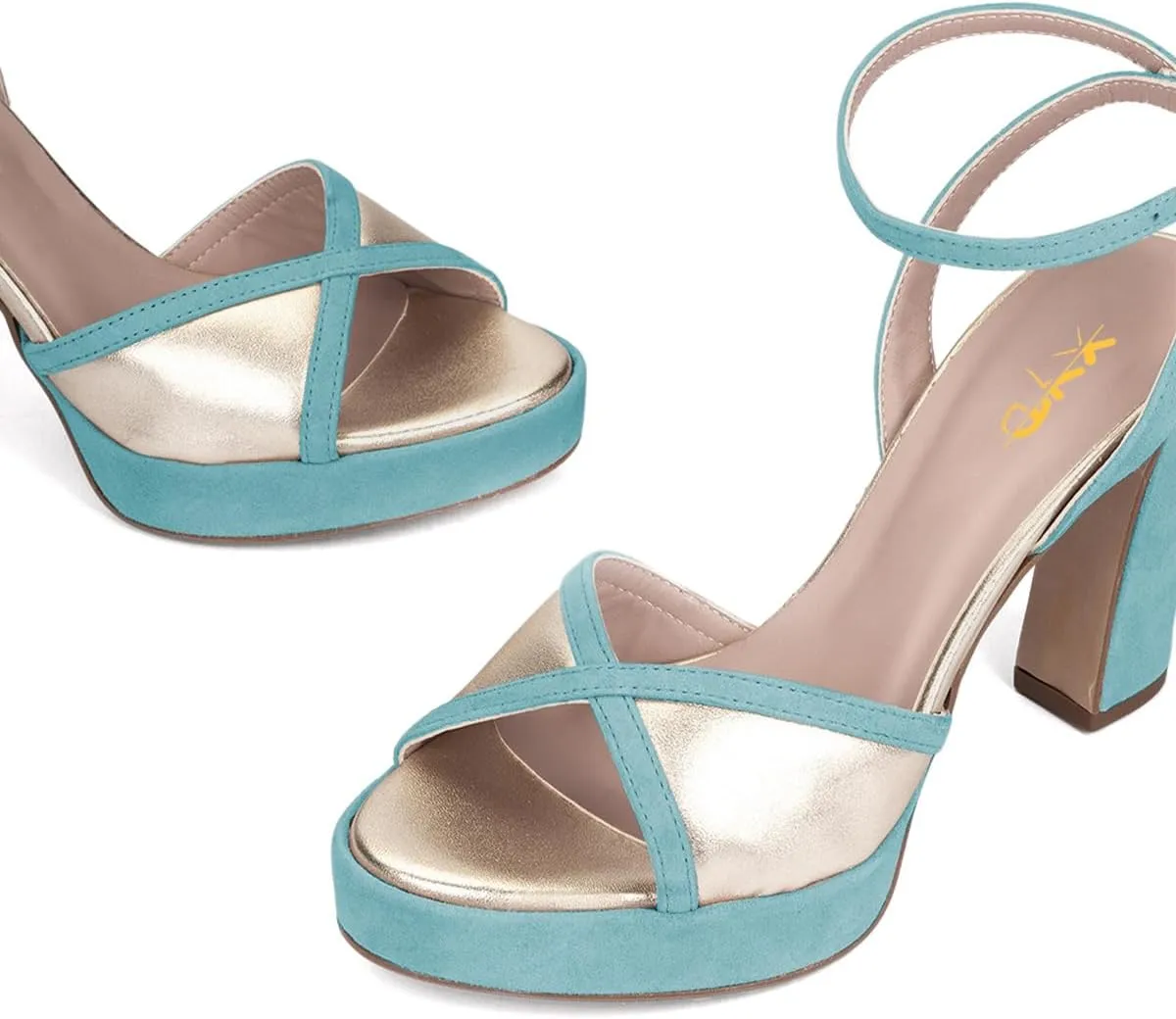XYD Women Platform Open Toe High Heel Block Sandals Ankle Buckled Strap Two-toned Evening Party Pumps Shoes