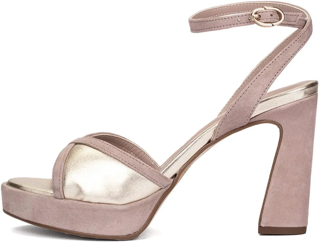 XYD Women Platform Open Toe High Heel Block Sandals Ankle Buckled Strap Two-toned Evening Party Pumps Shoes