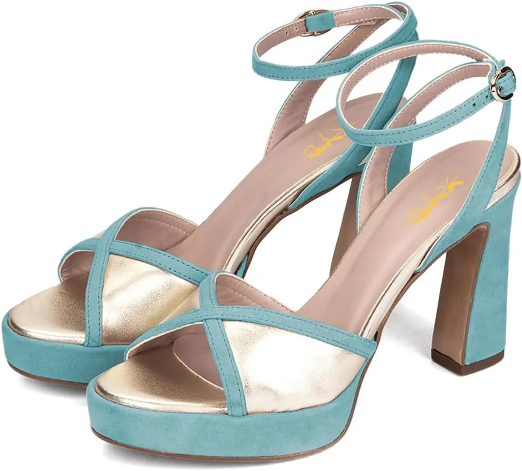 XYD Women Platform Open Toe High Heel Block Sandals Ankle Buckled Strap Two-toned Evening Party Pumps Shoes