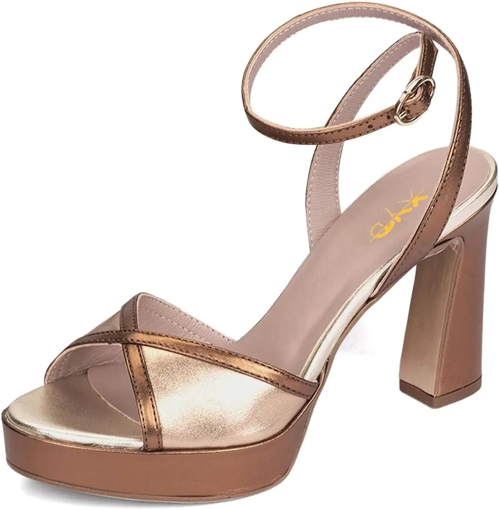 XYD Women Platform Open Toe High Heel Block Sandals Ankle Buckled Strap Two-toned Evening Party Pumps Shoes