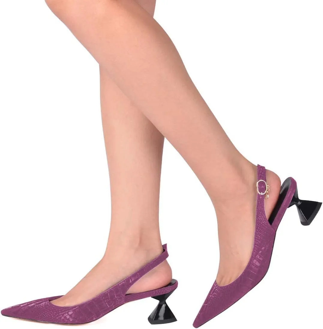 XYD Women Pointed Toe Pumps Low Heels Delicate Crocodile Pattern Slip On Buckled Drooping Rhinestone Kitten Sandals Formal Party Office Shoes