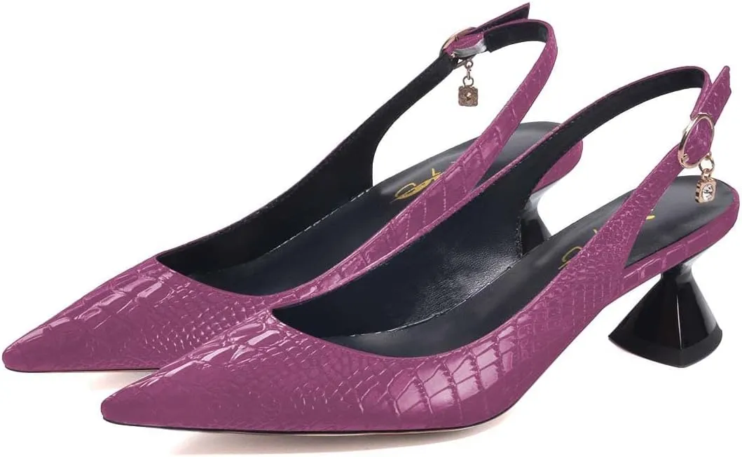 XYD Women Pointed Toe Pumps Low Heels Delicate Crocodile Pattern Slip On Buckled Drooping Rhinestone Kitten Sandals Formal Party Office Shoes