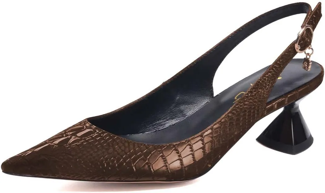 XYD Women Pointed Toe Pumps Low Heels Delicate Crocodile Pattern Slip On Buckled Drooping Rhinestone Kitten Sandals Formal Party Office Shoes