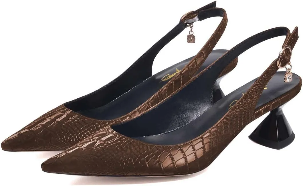 XYD Women Pointed Toe Pumps Low Heels Delicate Crocodile Pattern Slip On Buckled Drooping Rhinestone Kitten Sandals Formal Party Office Shoes