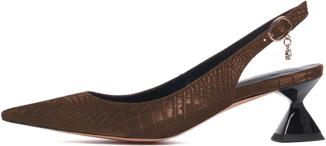 XYD Women Pointed Toe Pumps Low Heels Delicate Crocodile Pattern Slip On Buckled Drooping Rhinestone Kitten Sandals Formal Party Office Shoes
