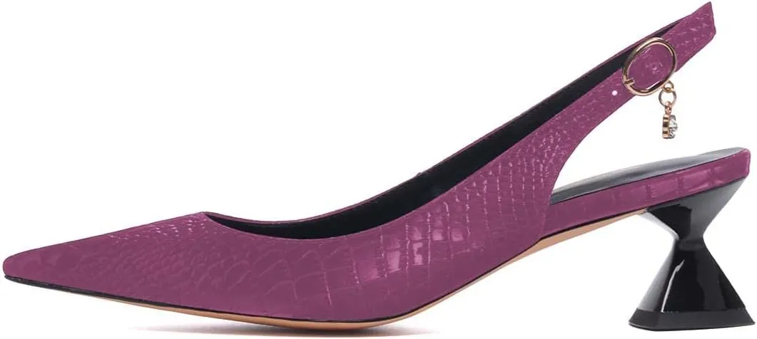 XYD Women Pointed Toe Pumps Low Heels Delicate Crocodile Pattern Slip On Buckled Drooping Rhinestone Kitten Sandals Formal Party Office Shoes