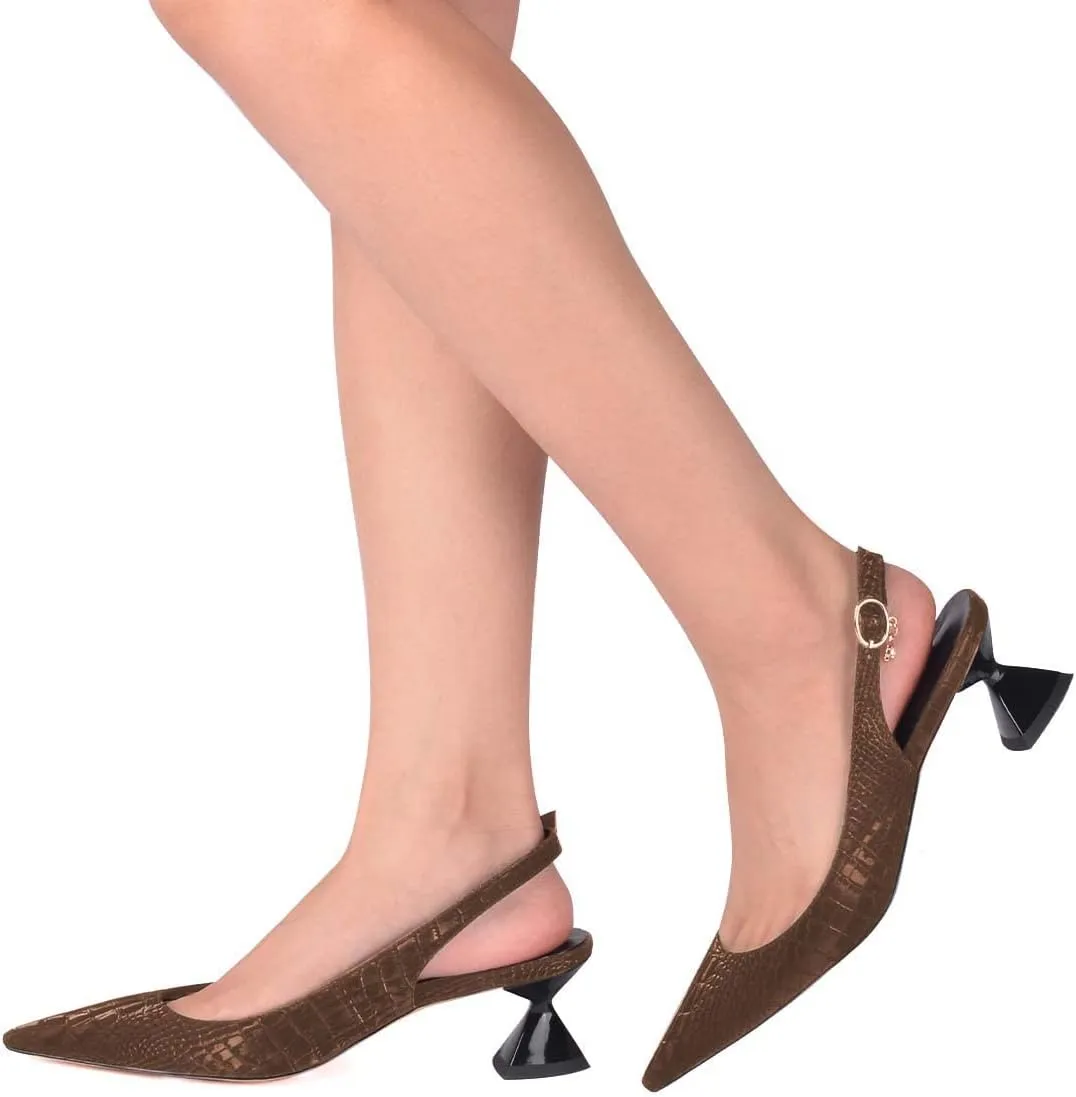 XYD Women Pointed Toe Pumps Low Heels Delicate Crocodile Pattern Slip On Buckled Drooping Rhinestone Kitten Sandals Formal Party Office Shoes