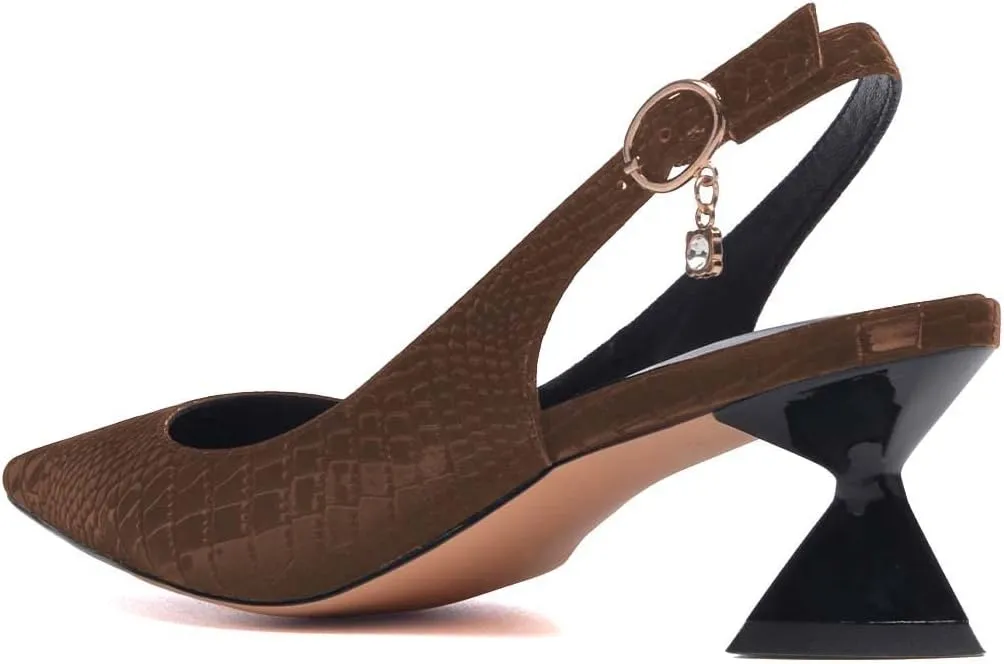XYD Women Pointed Toe Pumps Low Heels Delicate Crocodile Pattern Slip On Buckled Drooping Rhinestone Kitten Sandals Formal Party Office Shoes
