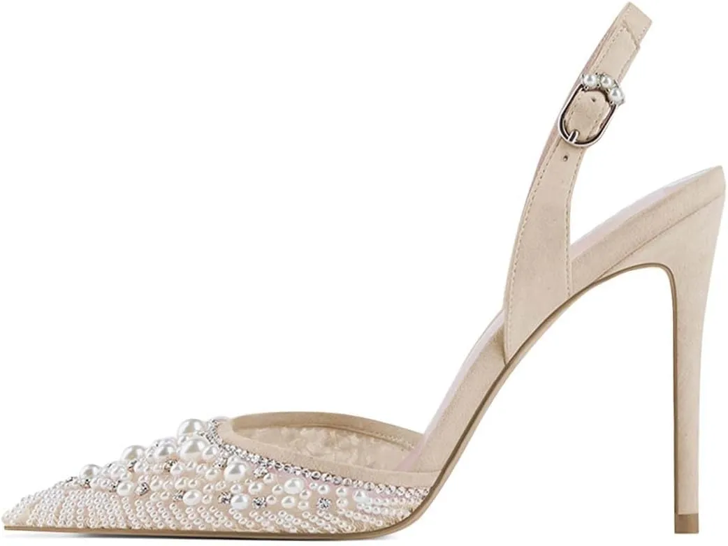 XYD Women Pointed Toe Pumps Pearls Crystals Buckled Strap Slingback Stiletto Heels Sandals Wedding Party Shoes