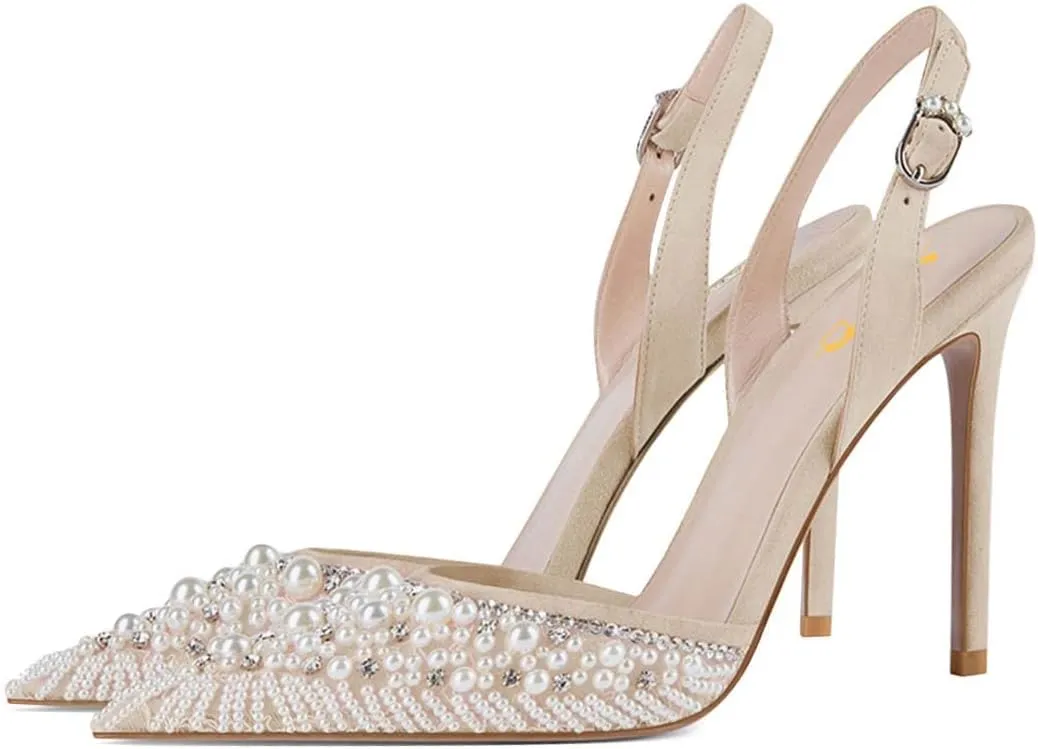 XYD Women Pointed Toe Pumps Pearls Crystals Buckled Strap Slingback Stiletto Heels Sandals Wedding Party Shoes