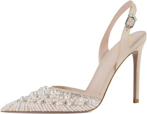 XYD Women Pointed Toe Pumps Pearls Crystals Buckled Strap Slingback Stiletto Heels Sandals Wedding Party Shoes