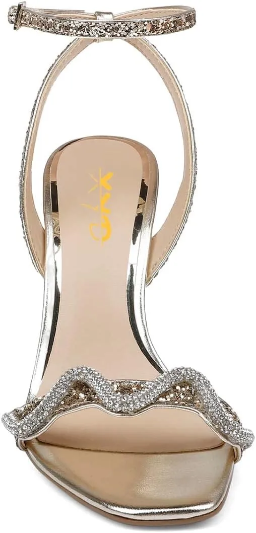 XYD Women Prom Ankle Strap Glitter Sandals Open Toe Buckled High Heel Rhinestones Pumps Wedding Party Dress Shoes