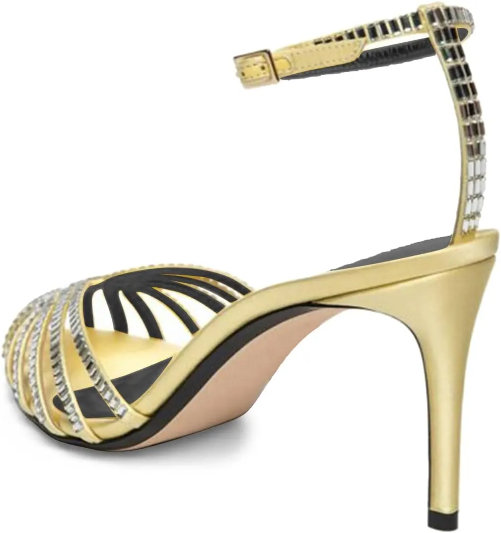 XYD Women Sexy Cutout Sparkly Rhinestones Cage Closed Toe Sandals Ankle Strap Buckled High Stiletto Heel Pumps Party Ballroom Prom Shoes