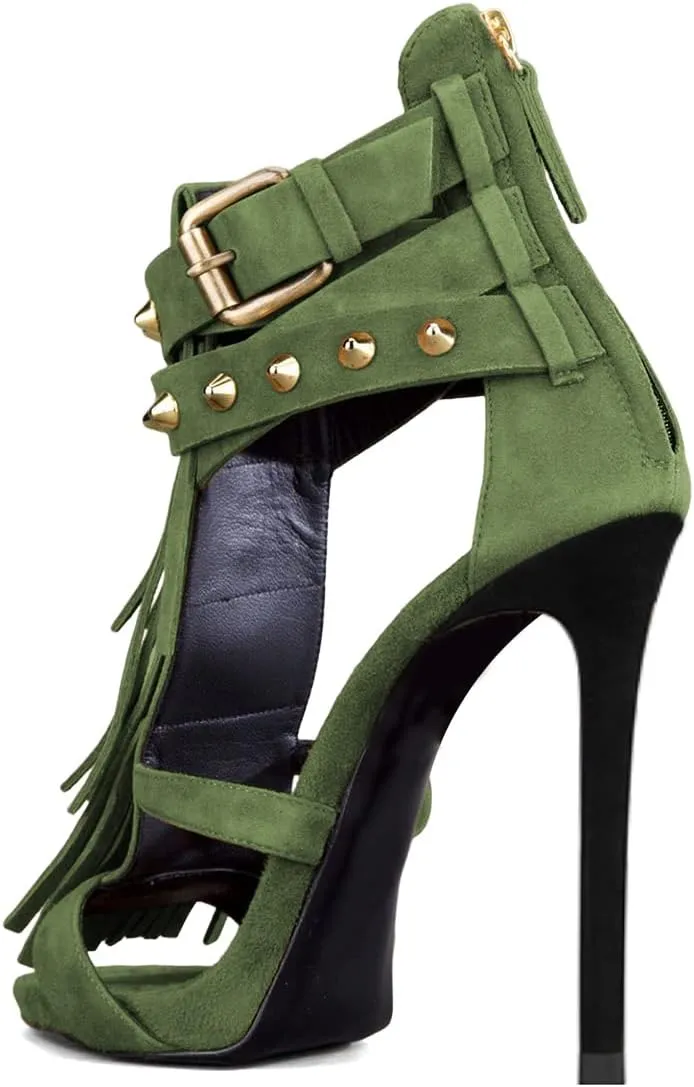 XYD Women Sexy Rivets Tassels Open Toe Pumps Buckled High Heel Cutout Stiletto Sandals with Back Zipper Nightclub Cocktail Party Fashion Shoes