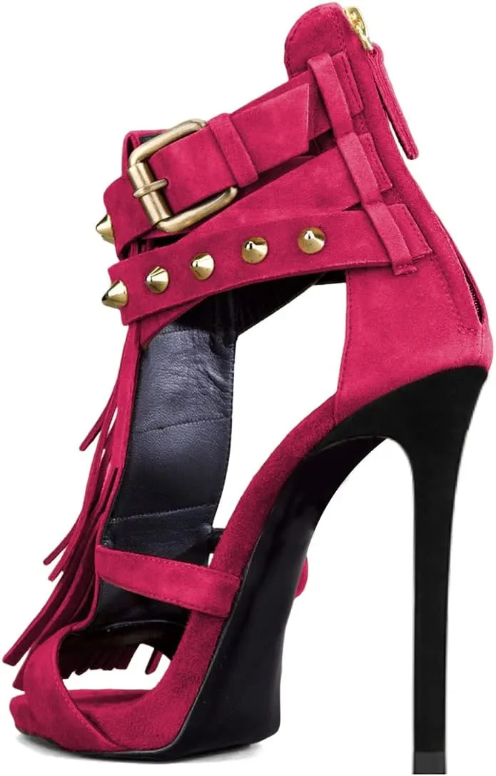 XYD Women Sexy Rivets Tassels Open Toe Pumps Buckled High Heel Cutout Stiletto Sandals with Back Zipper Nightclub Cocktail Party Fashion Shoes