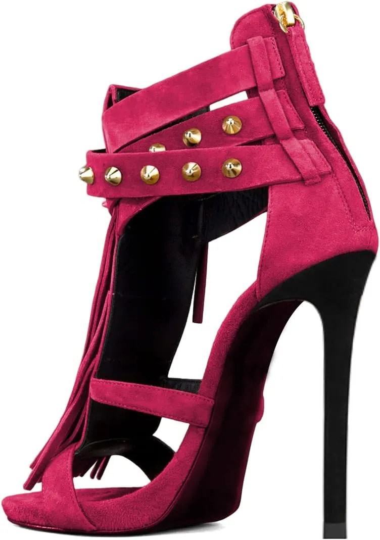 XYD Women Sexy Rivets Tassels Open Toe Pumps Buckled High Heel Cutout Stiletto Sandals with Back Zipper Nightclub Cocktail Party Fashion Shoes
