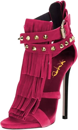 XYD Women Sexy Rivets Tassels Open Toe Pumps Buckled High Heel Cutout Stiletto Sandals with Back Zipper Nightclub Cocktail Party Fashion Shoes