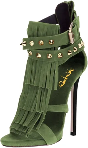 XYD Women Sexy Rivets Tassels Open Toe Pumps Buckled High Heel Cutout Stiletto Sandals with Back Zipper Nightclub Cocktail Party Fashion Shoes