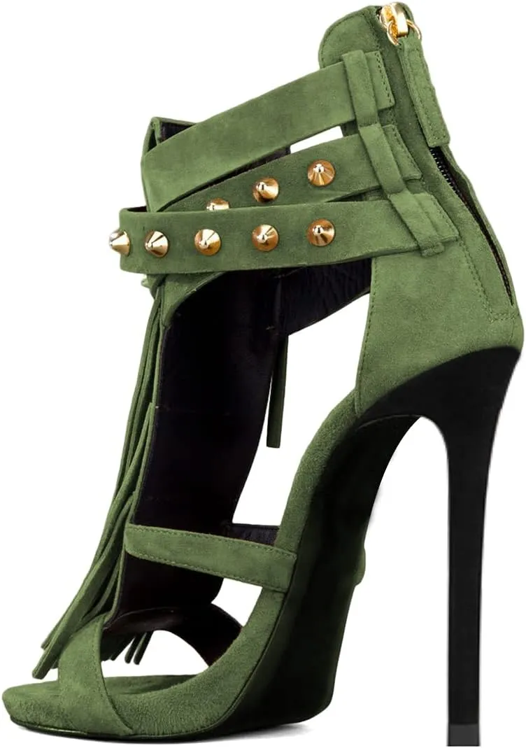 XYD Women Sexy Rivets Tassels Open Toe Pumps Buckled High Heel Cutout Stiletto Sandals with Back Zipper Nightclub Cocktail Party Fashion Shoes