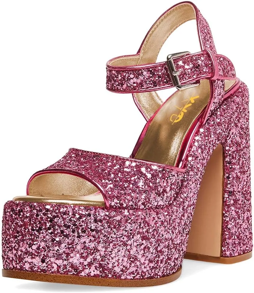 XYD Women Sparkly Glitter Platform Sandals Ankle Strap Buckled Open Round Toe High Chunky Heel Wedding Party Club Dressy Shoes