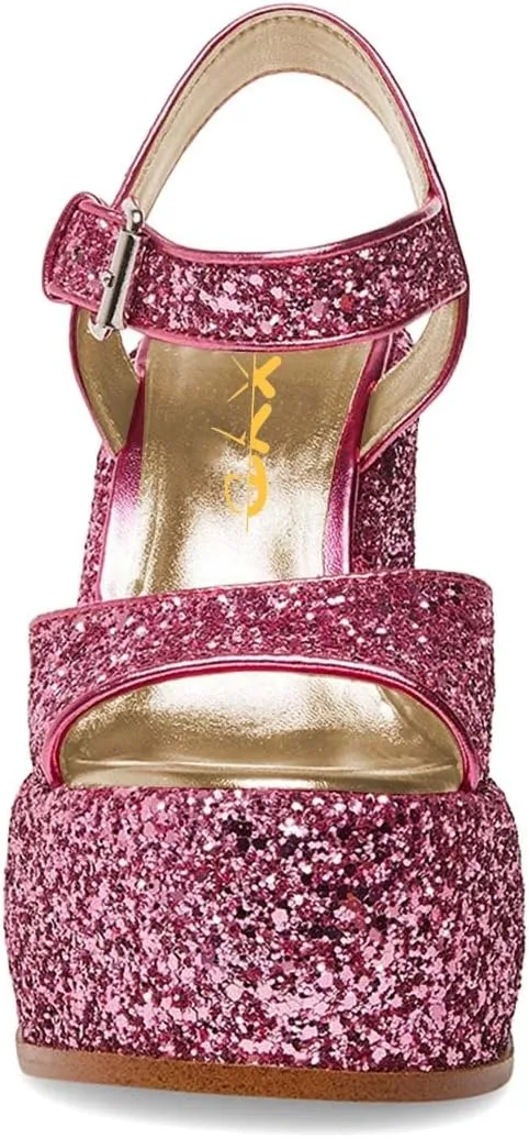 XYD Women Sparkly Glitter Platform Sandals Ankle Strap Buckled Open Round Toe High Chunky Heel Wedding Party Club Dressy Shoes