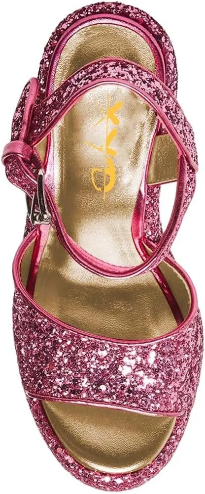 XYD Women Sparkly Glitter Platform Sandals Ankle Strap Buckled Open Round Toe High Chunky Heel Wedding Party Club Dressy Shoes