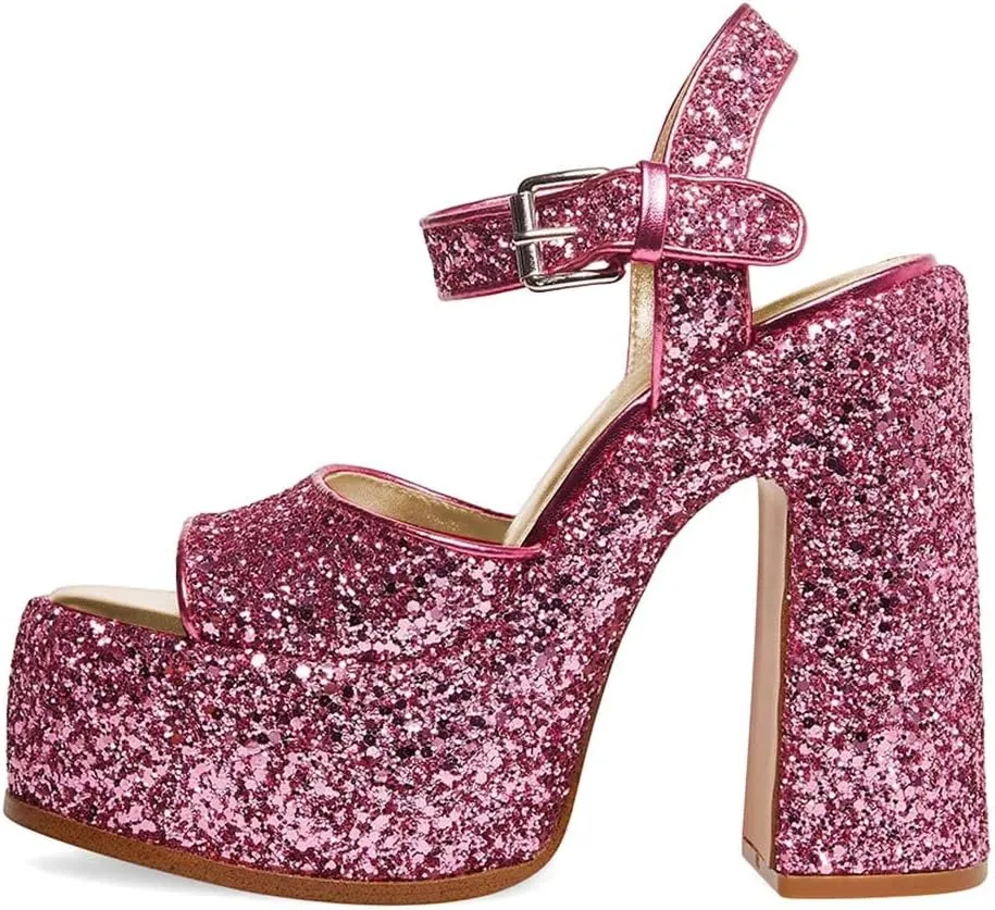 XYD Women Sparkly Glitter Platform Sandals Ankle Strap Buckled Open Round Toe High Chunky Heel Wedding Party Club Dressy Shoes