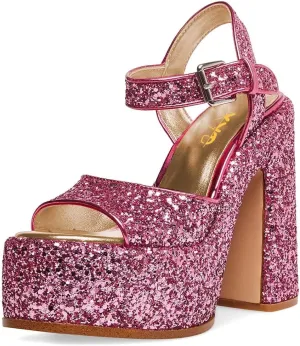 XYD Women Sparkly Glitter Platform Sandals Ankle Strap Buckled Open Round Toe High Chunky Heel Wedding Party Club Dressy Shoes