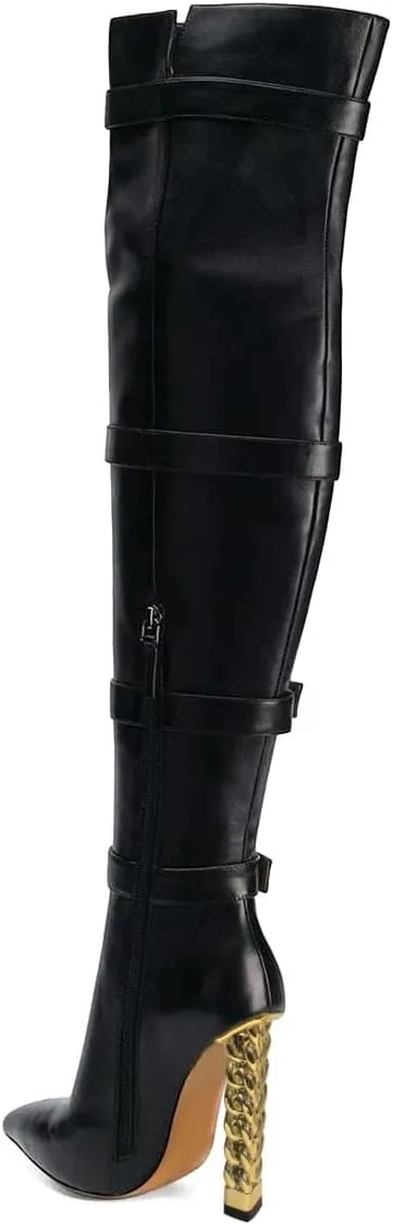 XYD Women Stiletto High Heel Over The Knee Boots Pointed Toe Buckled Strappy Thigh High Boot Winter Night Club Shoes