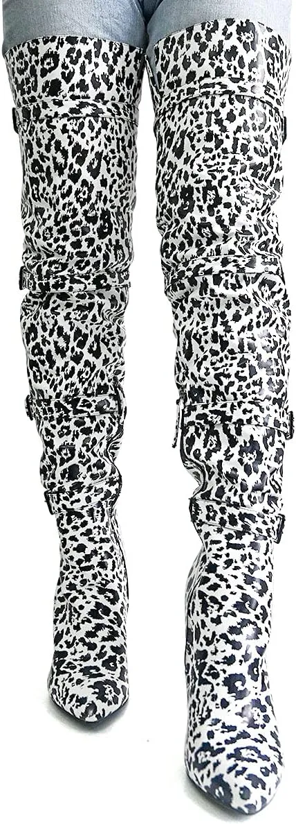XYD Women Stiletto High Heel Over The Knee Boots Pointed Toe Buckled Strappy Thigh High Boot Winter Night Club Shoes