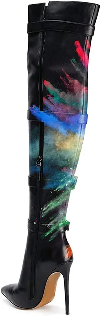 XYD Women Stiletto High Heel Over The Knee Boots Pointed Toe Buckled Strappy Thigh High Boot Winter Night Club Shoes