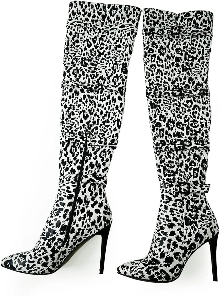 XYD Women Stiletto High Heel Over The Knee Boots Pointed Toe Buckled Strappy Thigh High Boot Winter Night Club Shoes
