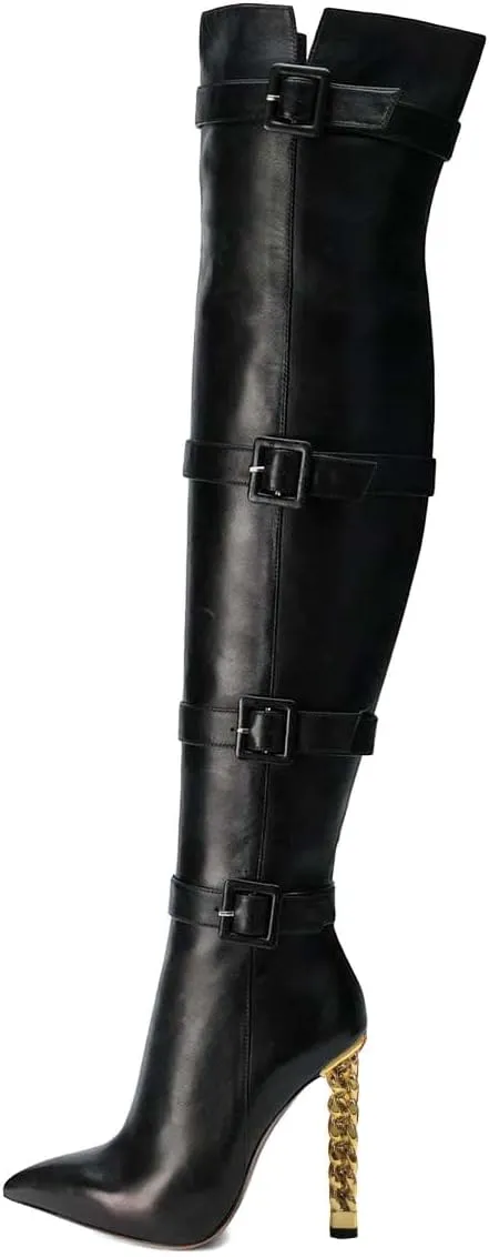 XYD Women Stiletto High Heel Over The Knee Boots Pointed Toe Buckled Strappy Thigh High Boot Winter Night Club Shoes