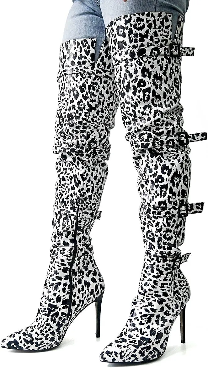 XYD Women Stiletto High Heel Over The Knee Boots Pointed Toe Buckled Strappy Thigh High Boot Winter Night Club Shoes