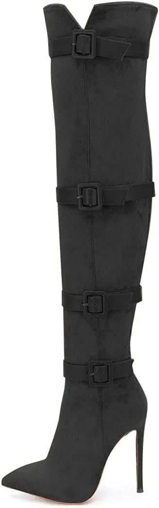 XYD Women Stiletto High Heel Over The Knee Boots Pointed Toe Buckled Strappy Thigh High Boot Winter Night Club Shoes