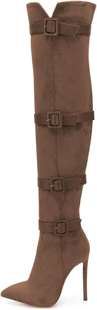 XYD Women Stiletto High Heel Over The Knee Boots Pointed Toe Buckled Strappy Thigh High Boot Winter Night Club Shoes