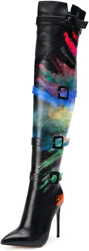 XYD Women Stiletto High Heel Over The Knee Boots Pointed Toe Buckled Strappy Thigh High Boot Winter Night Club Shoes