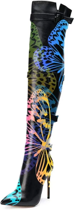 XYD Women Stiletto High Heel Over The Knee Boots Pointed Toe Buckled Strappy Thigh High Boot Winter Night Club Shoes