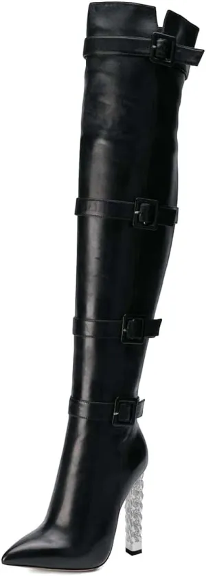 XYD Women Stiletto High Heel Over The Knee Boots Pointed Toe Buckled Strappy Thigh High Boot Winter Night Club Shoes