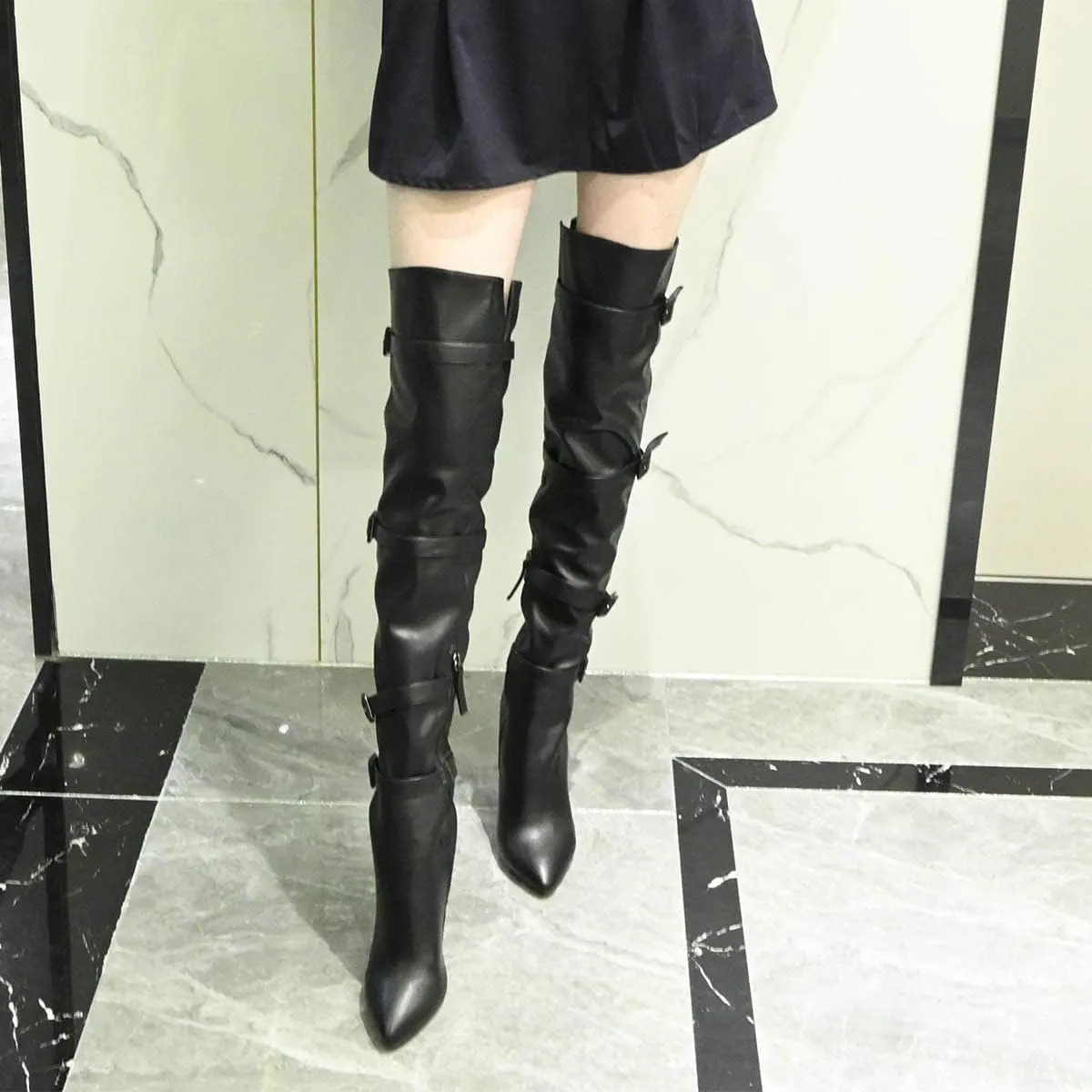 XYD Women Stiletto High Heel Over The Knee Boots Pointed Toe Buckled Strappy Thigh High Boot Winter Night Club Shoes