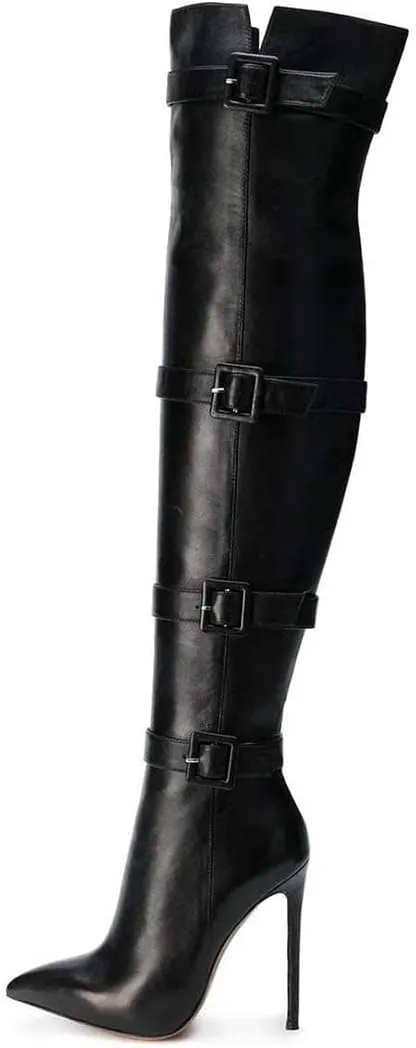 XYD Women Stiletto High Heel Over The Knee Boots Pointed Toe Buckled Strappy Thigh High Boot Winter Night Club Shoes