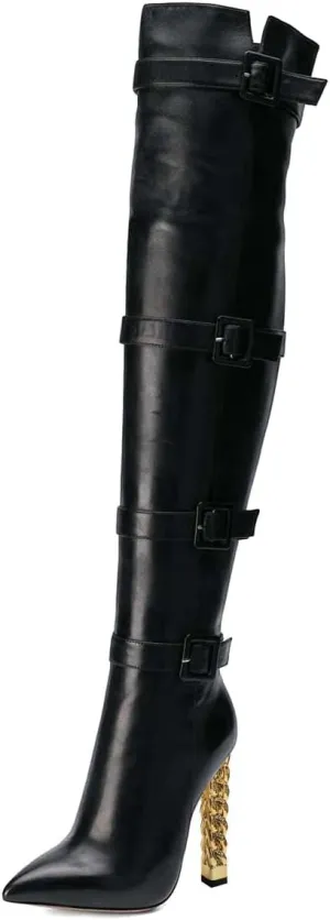 XYD Women Stiletto High Heel Over The Knee Boots Pointed Toe Buckled Strappy Thigh High Boot Winter Night Club Shoes
