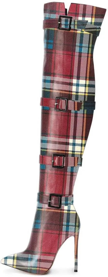 XYD Women Stiletto High Heel Over The Knee Boots Pointed Toe Buckled Strappy Thigh High Boot Winter Night Club Shoes