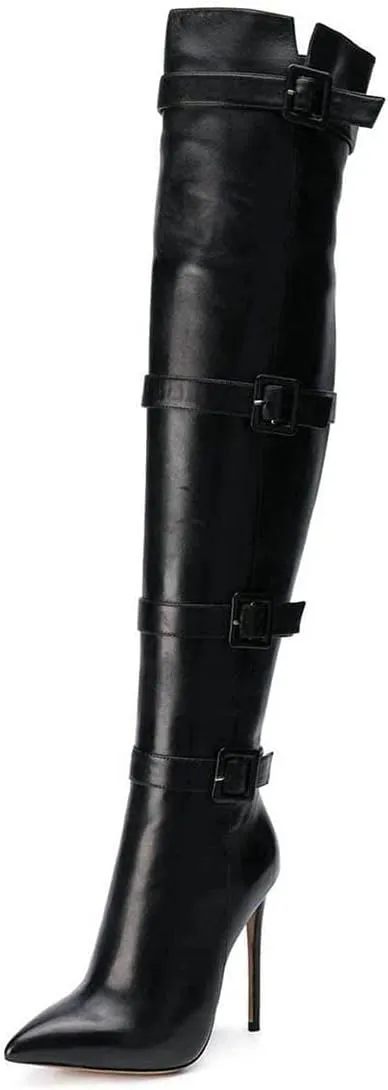XYD Women Stiletto High Heel Over The Knee Boots Pointed Toe Buckled Strappy Thigh High Boot Winter Night Club Shoes