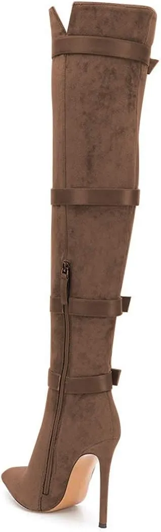 XYD Women Stiletto High Heel Over The Knee Boots Pointed Toe Buckled Strappy Thigh High Boot Winter Night Club Shoes