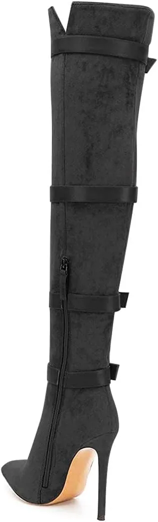 XYD Women Stiletto High Heel Over The Knee Boots Pointed Toe Buckled Strappy Thigh High Boot Winter Night Club Shoes