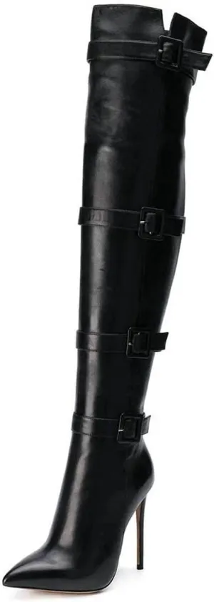 XYD Women Stiletto High Heel Over The Knee Boots Pointed Toe Buckled Strappy Thigh High Boot Winter Night Club Shoes