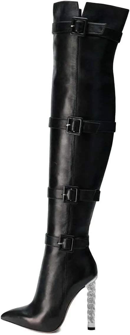 XYD Women Stiletto High Heel Over The Knee Boots Pointed Toe Buckled Strappy Thigh High Boot Winter Night Club Shoes