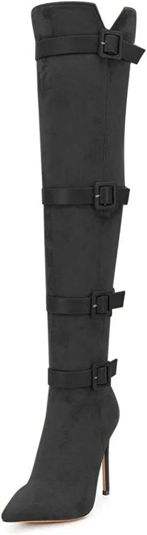 XYD Women Stiletto High Heel Over The Knee Boots Pointed Toe Buckled Strappy Thigh High Boot Winter Night Club Shoes