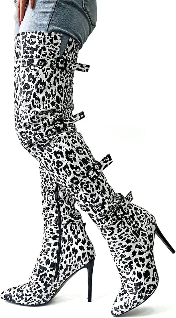 XYD Women Stiletto High Heel Over The Knee Boots Pointed Toe Buckled Strappy Thigh High Boot Winter Night Club Shoes